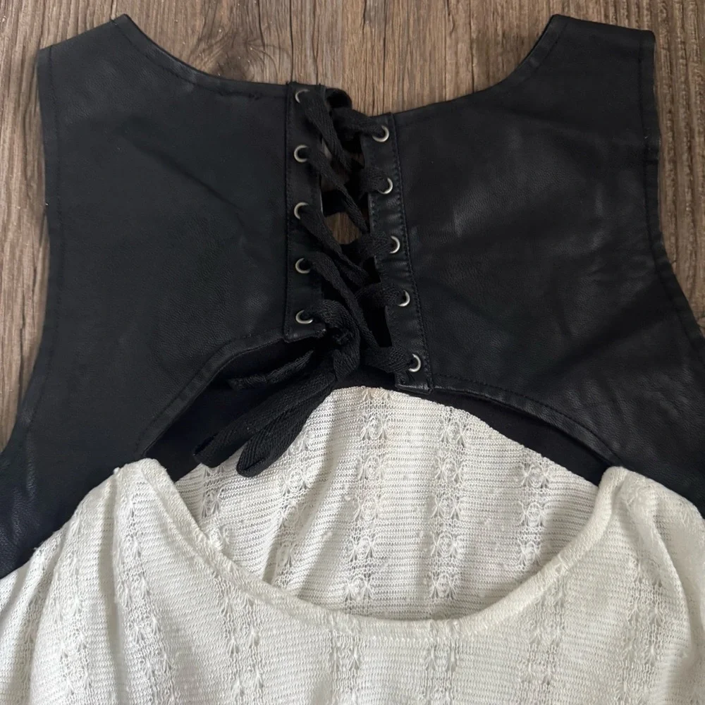 Free People Faux Leather Black and White Lace-Up Back Layered Top